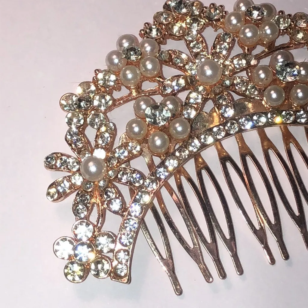Rose Gold Tone CZ Rhinestones Faux Pearl Formal Wedding Hair Comb Accessory White - Image 2