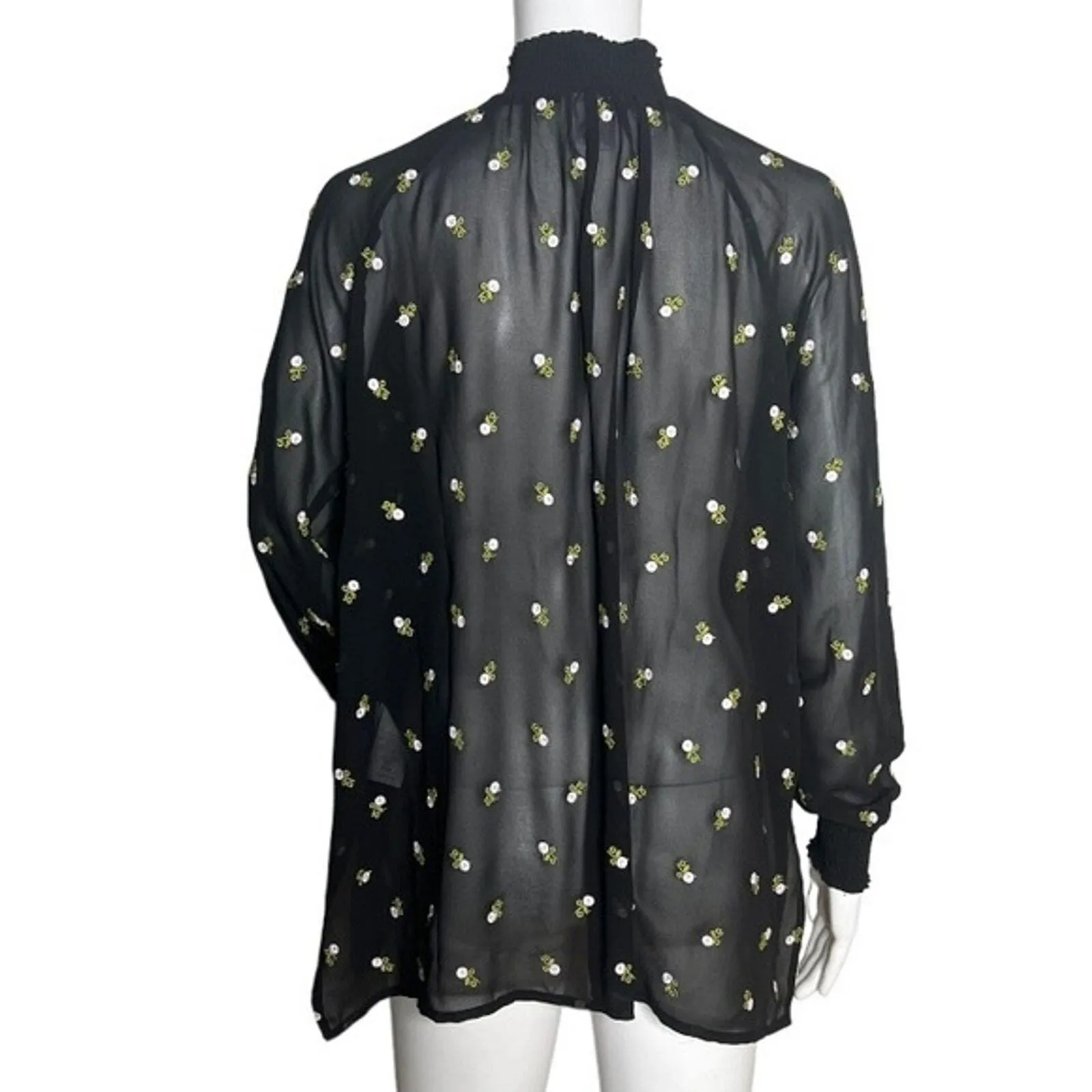 Cabi Shirt Womens XS Black High Neck Floral Embroidered Blouse Sheer Ruffle Boho - Image 3