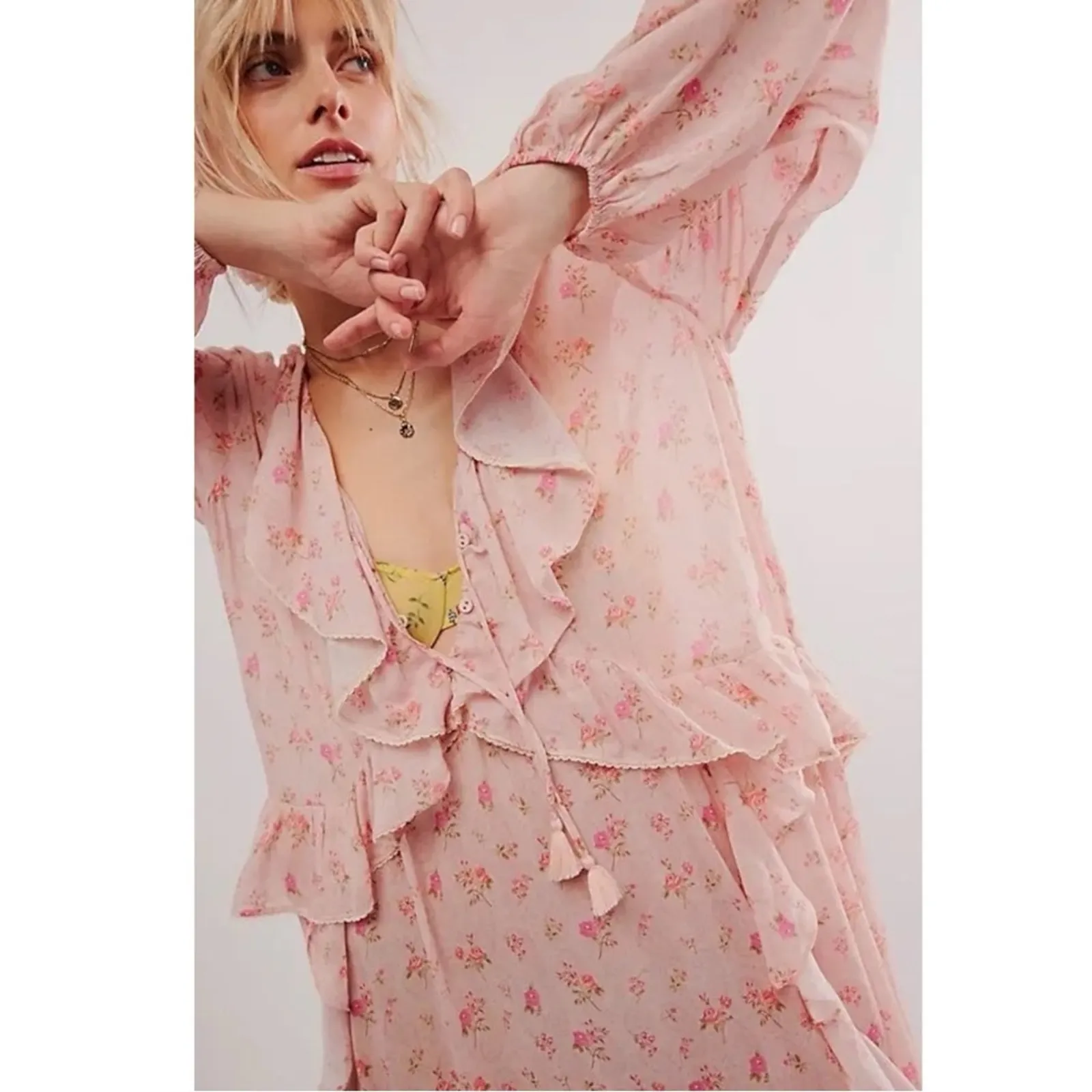 Spell & the Gypsy Bohemian Ethereal Billowy Ruffle Fleur Gown Maxi Dress Medium Pink - Image 8