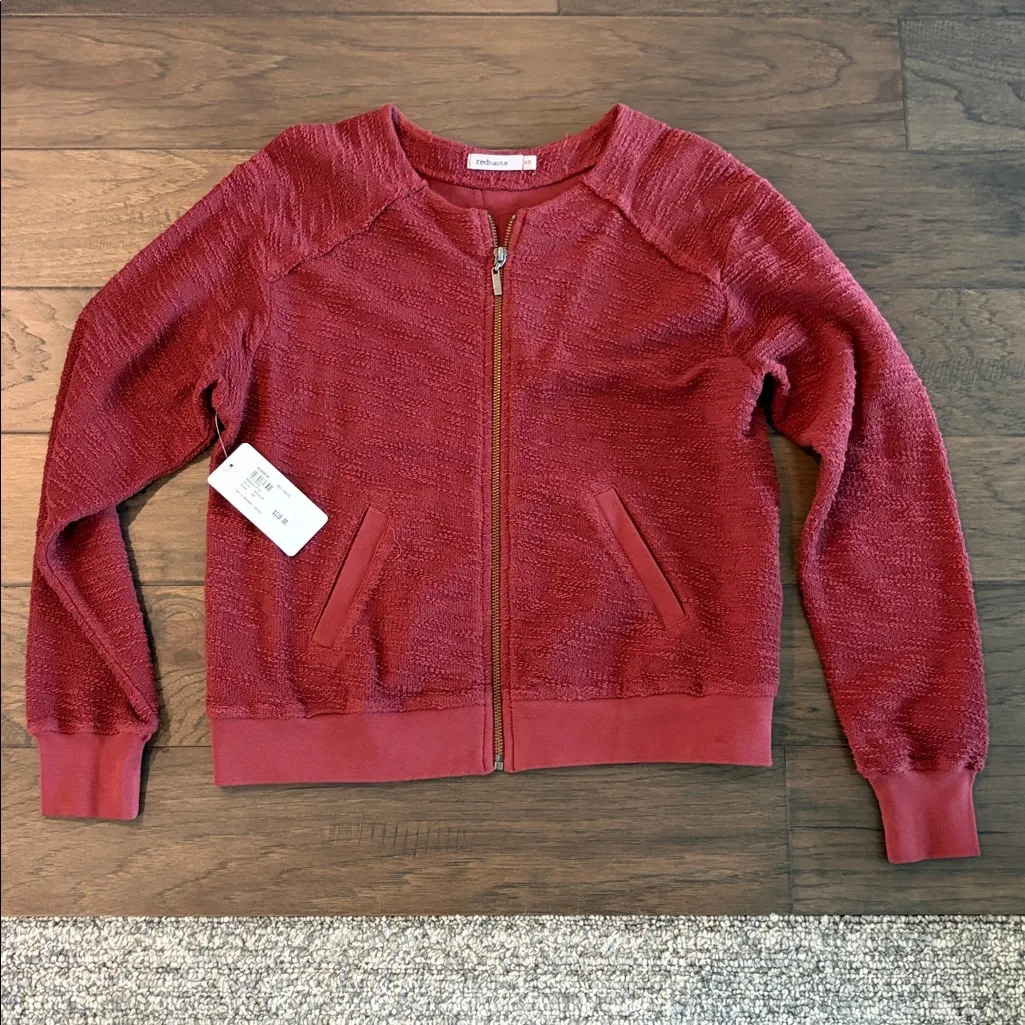New With Tqgs Red Haute Terry Textured Bomber Jacket (fits like a medium) Size XS - Image 6
