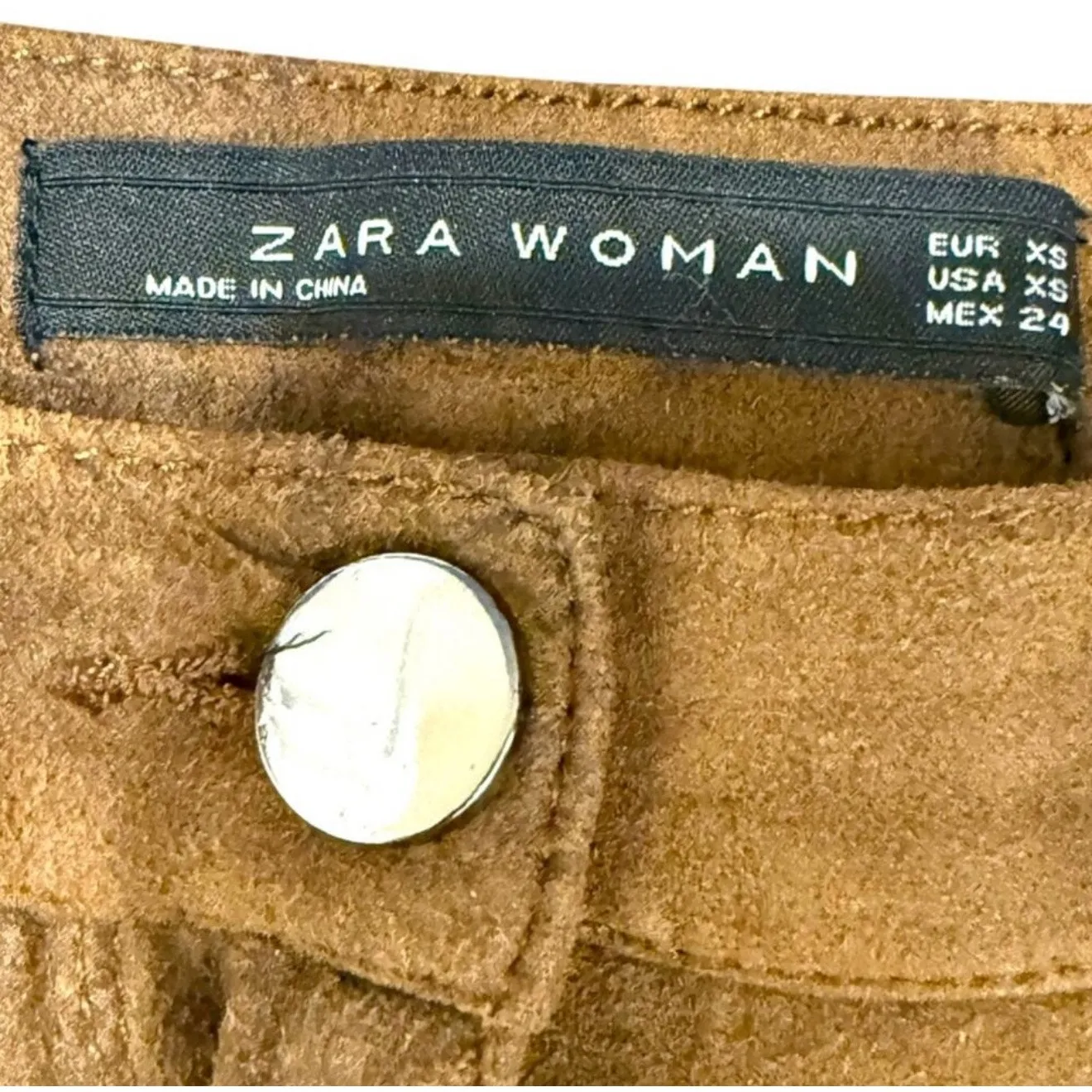 Zara Faux Suede Pants Slim Tapered Stretch Trousers Womens Size XS Brown - Image 6