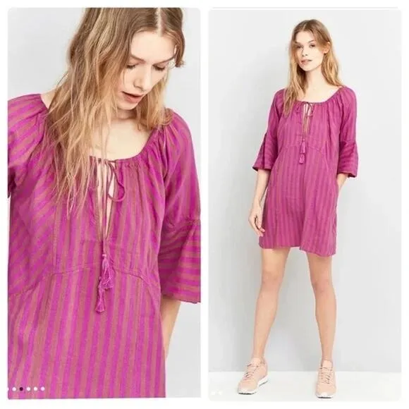 Free People Folk Town Striped Linen Tassel Tie Mini Dress in Orchid Combo Size S - Image 2