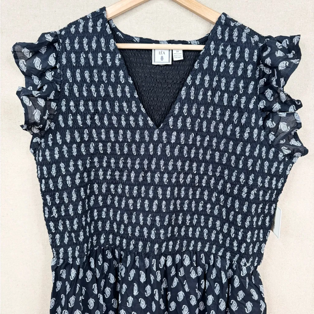 LEA Women's 2X Black Smocked Midi Dress with Pockets Short Flutter Sleeve - Image 3