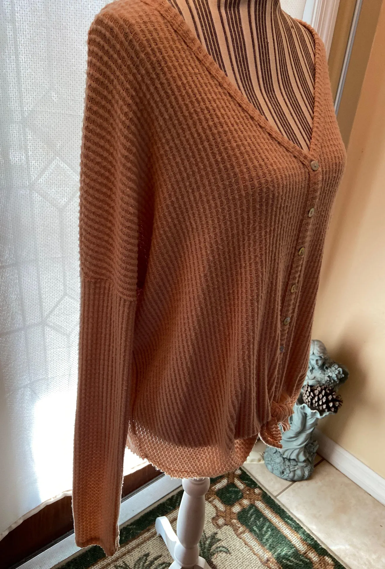 MTS Tan Button down VNeck Light Sweater with front tie knot Size L - Image 2