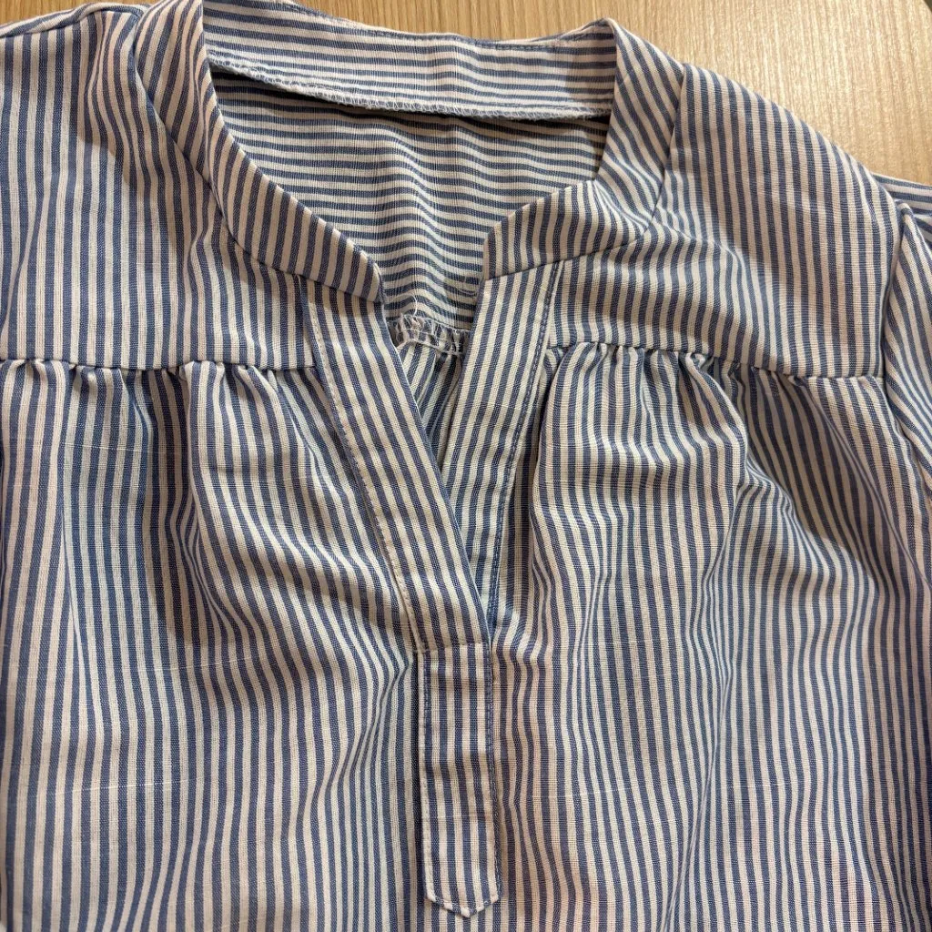 Shein Blue and White Striped Popover Top Large Long Sleeve Collared Blouse Shirt - Image 2