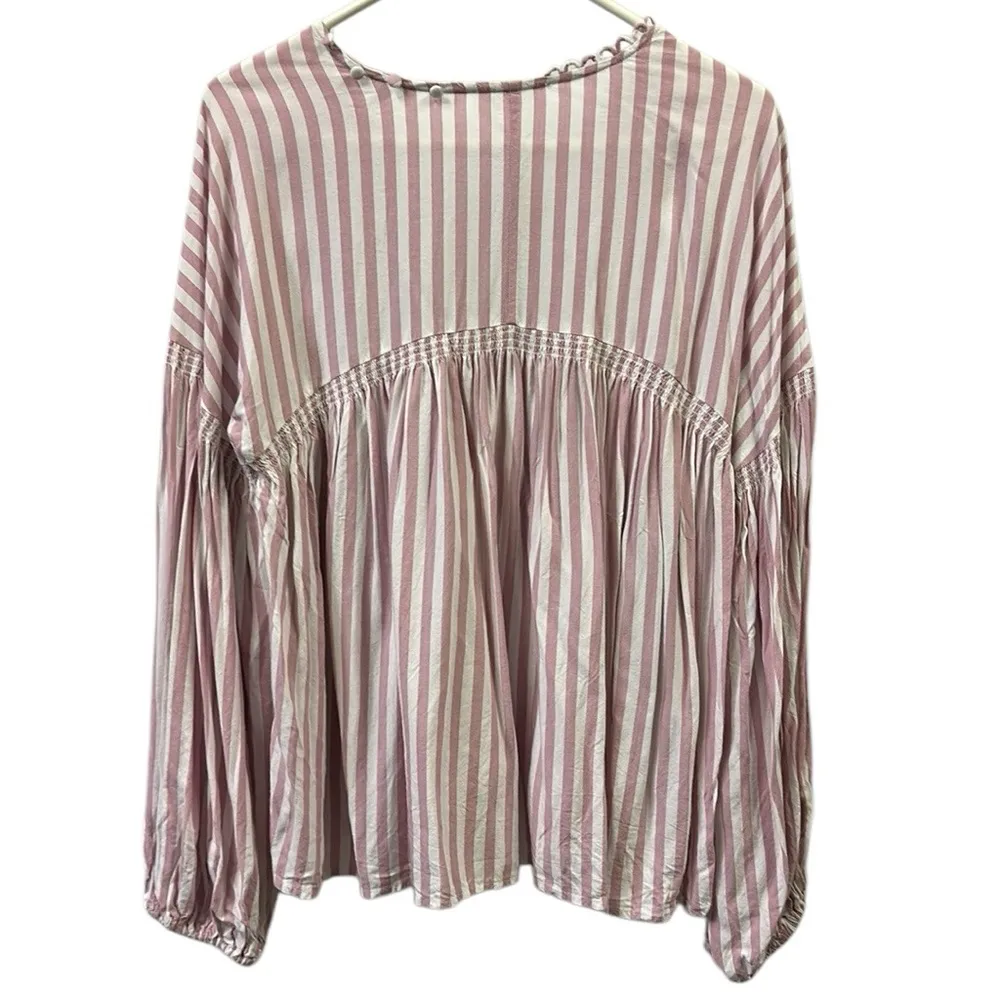 Sundays Rayon Pink White Striped Long Balloon Sleeve Lightweight Top Womens L - Image 5