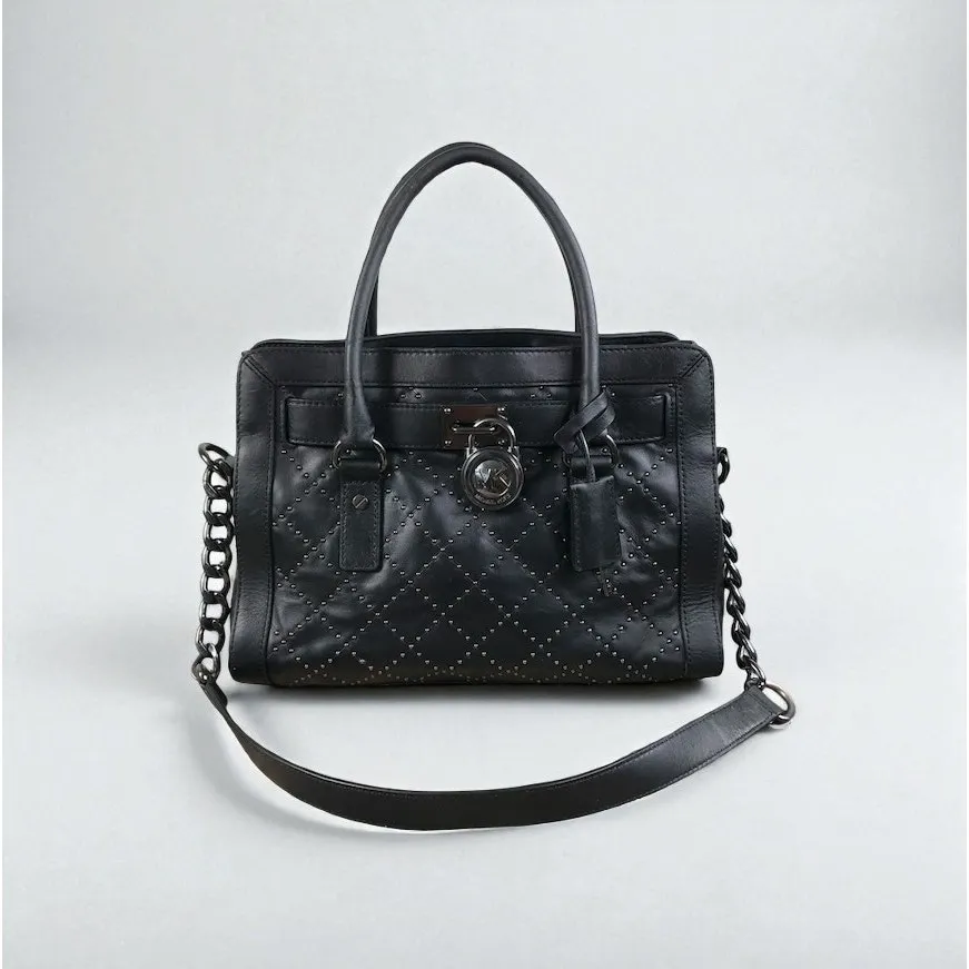 MICHAEL KORS Hamilton Medium Studded Leather Satchel Bag Black Classic Timeless - Image 2