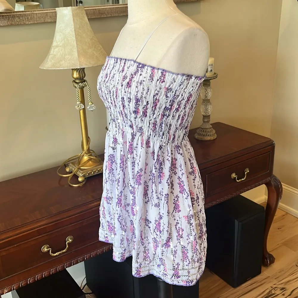Smocked White Purple Floral Sequined Spaghetti Strap Top fits Women XS Small Size fits womens small - Image 5