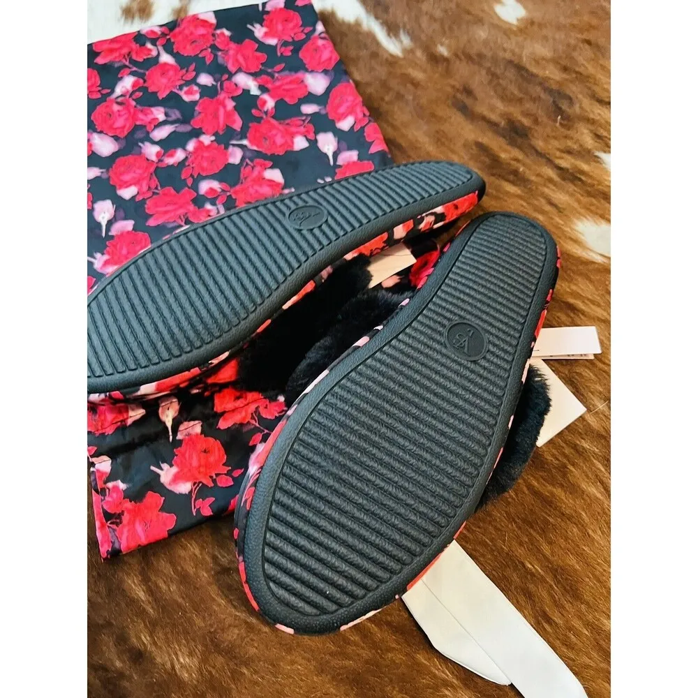 NEW VICTORIA'S SECRET Slippers Floral Red Black L 9/10 Slipper Shoes sandals #61 - Image 7