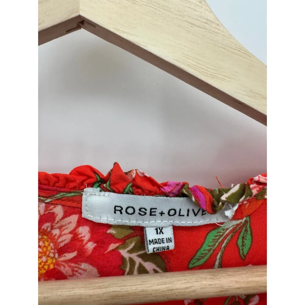 Rose + Olive Blouse Women 1X Red Floral Lightweight Short Sleeve Spring Summer - Image 6