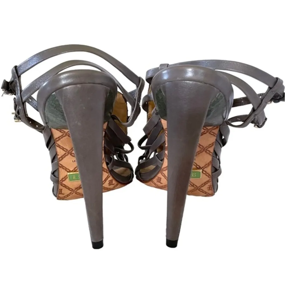 Raja Gray Leather Cage Sandals - Strappy Stiletto Heels w/ Dust Bag - Image 7