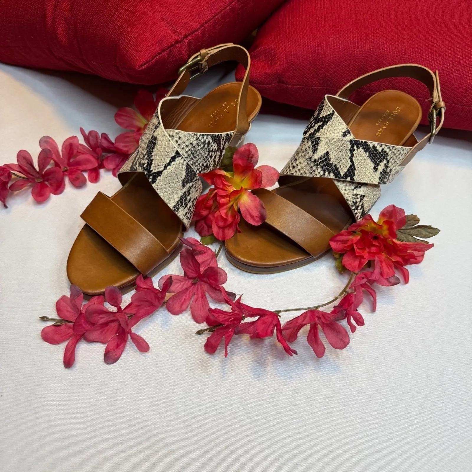 Cole Haan Penelope Sandals New Snake Print Leather Wedge‎ Tan Brown Shoes Size 9 - Image 5