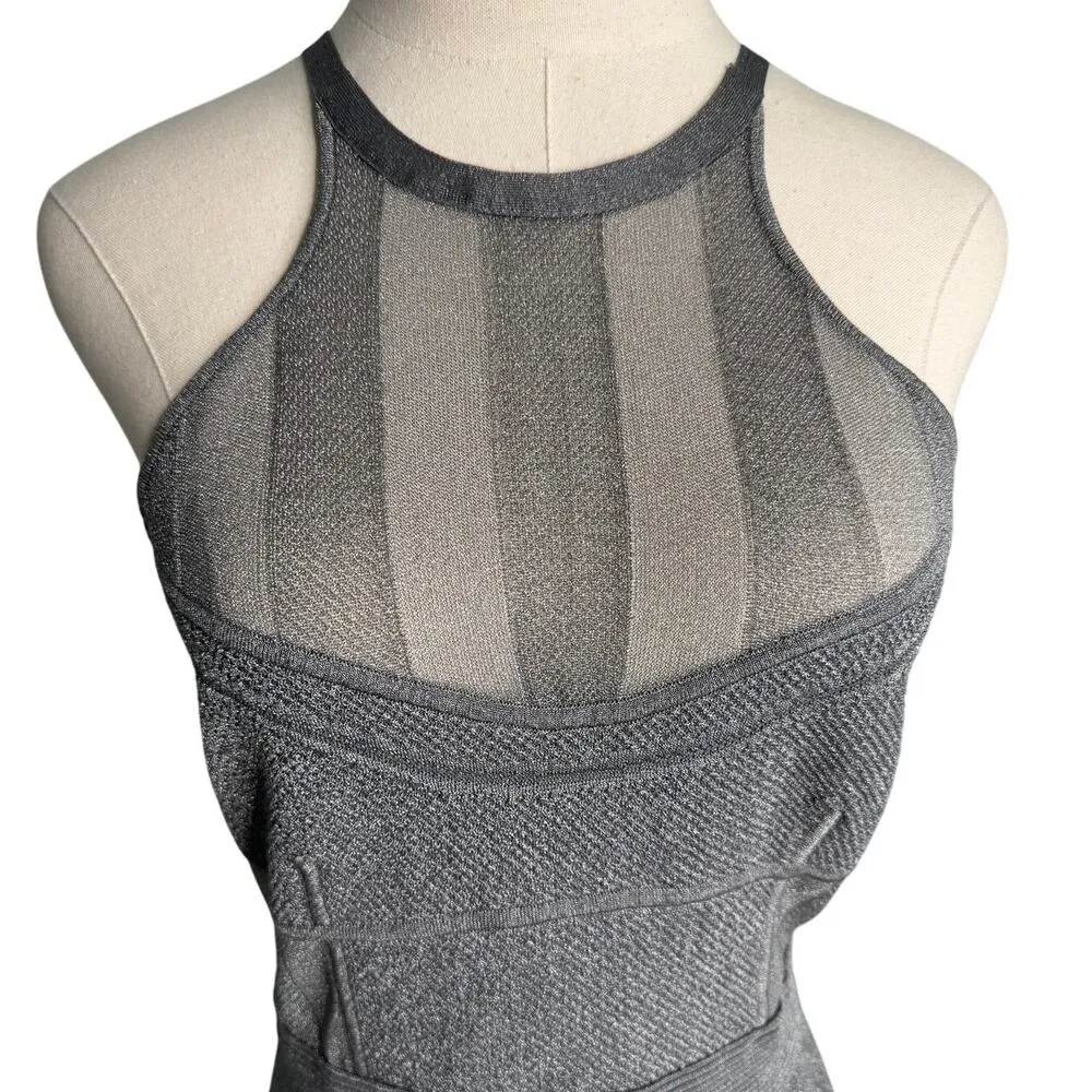 Herve Leger Textured Sheer Bustier Halter Gown Bandage Dress Silver Gray size L - Image 6