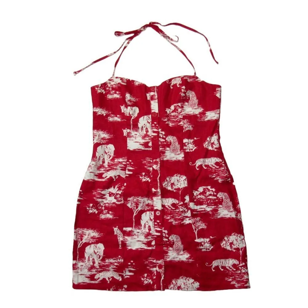 NWT Reformation Yucatan in Wildlife Red White Linen Halter Mini Dress 8 $198 - Image 2