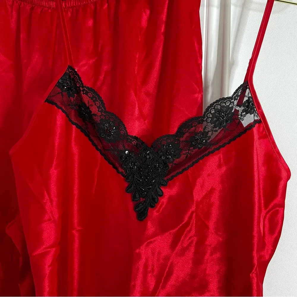 Private Luxuries Pajama Set Size Medium Vintage Red Scarlet 100% Polyester Lace - Image 9