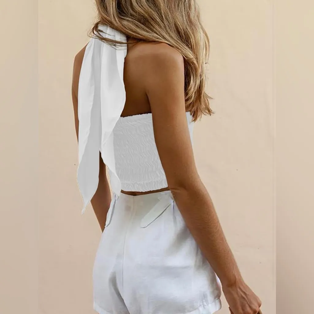 NEW Criss Cross Halter Sleeveless Wrap Front Backless Cami Crop Top Club S White - Image 2