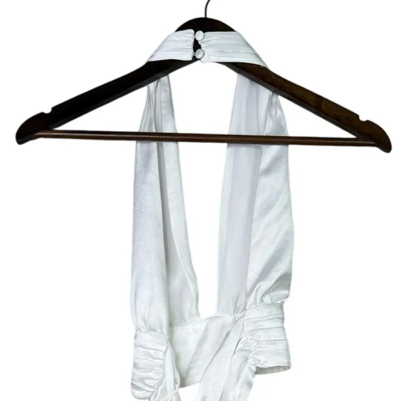 Zara Satin Effect Drape Halter Plunge Neck Line Open Back Tie Crop Top White S - Image 7