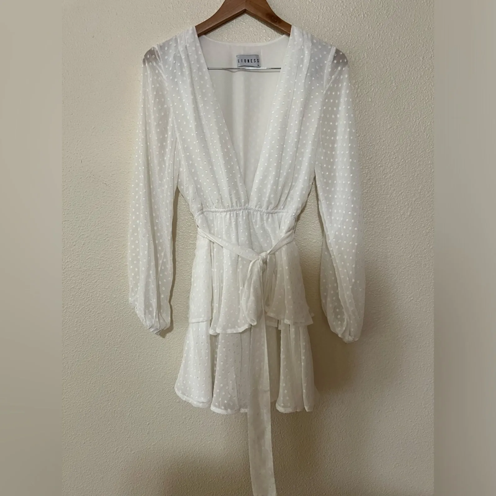 Lioness Legendary Lovers White Swiss Dot Long Sleeve Deep V Tie Waist Dress M - Image 3