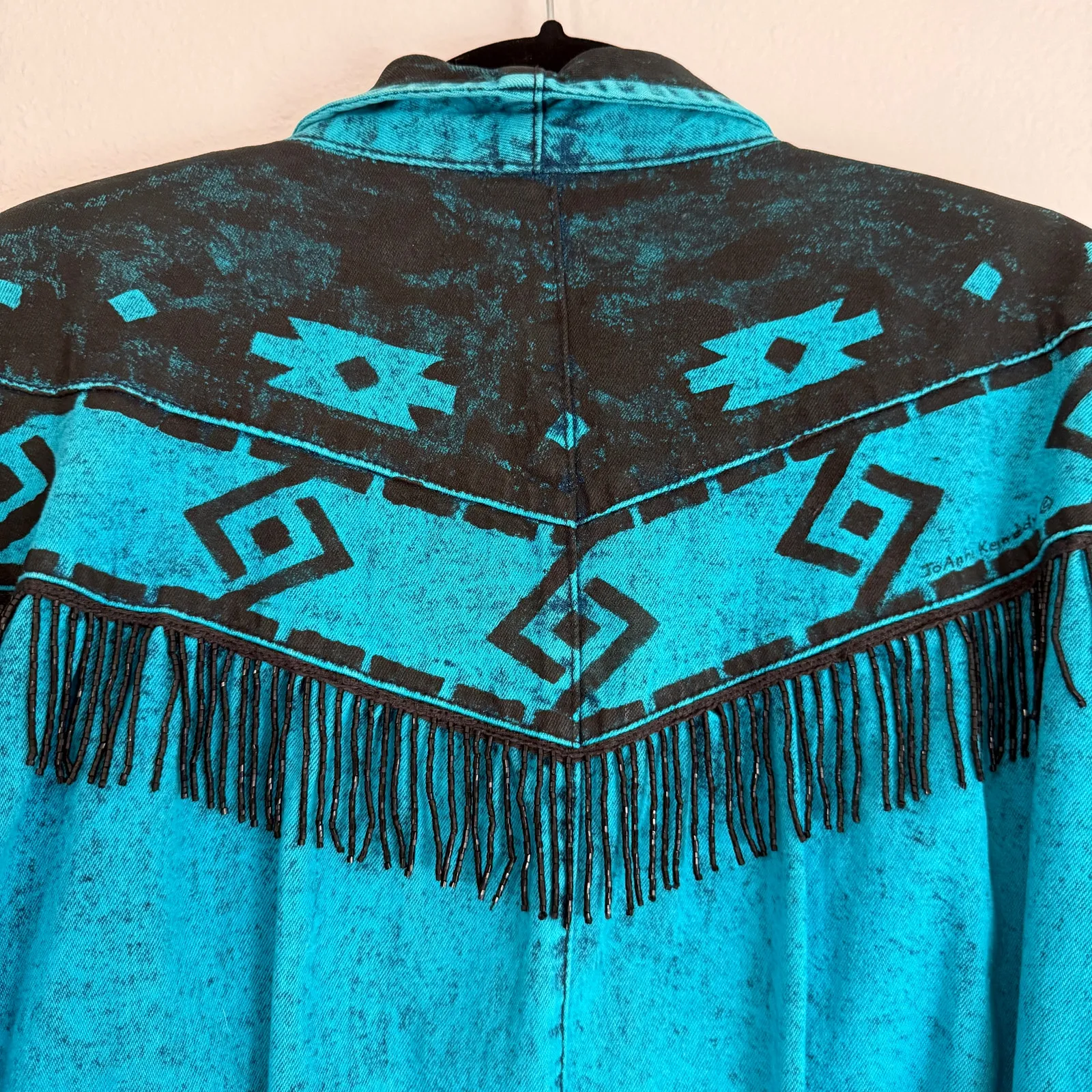 VTG Hand Painted Made in USA Southwestern Jacket Turquoise Black Fringe Beaded M Blue Size M - Image 5