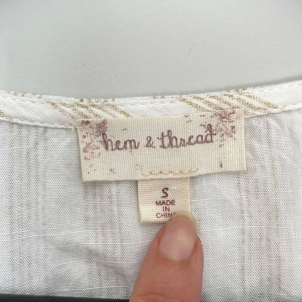 Hem & Thread Womens Striped Top Blouse V Neck Ruffle Cap Sleeve Tie Beige Small - Image 6