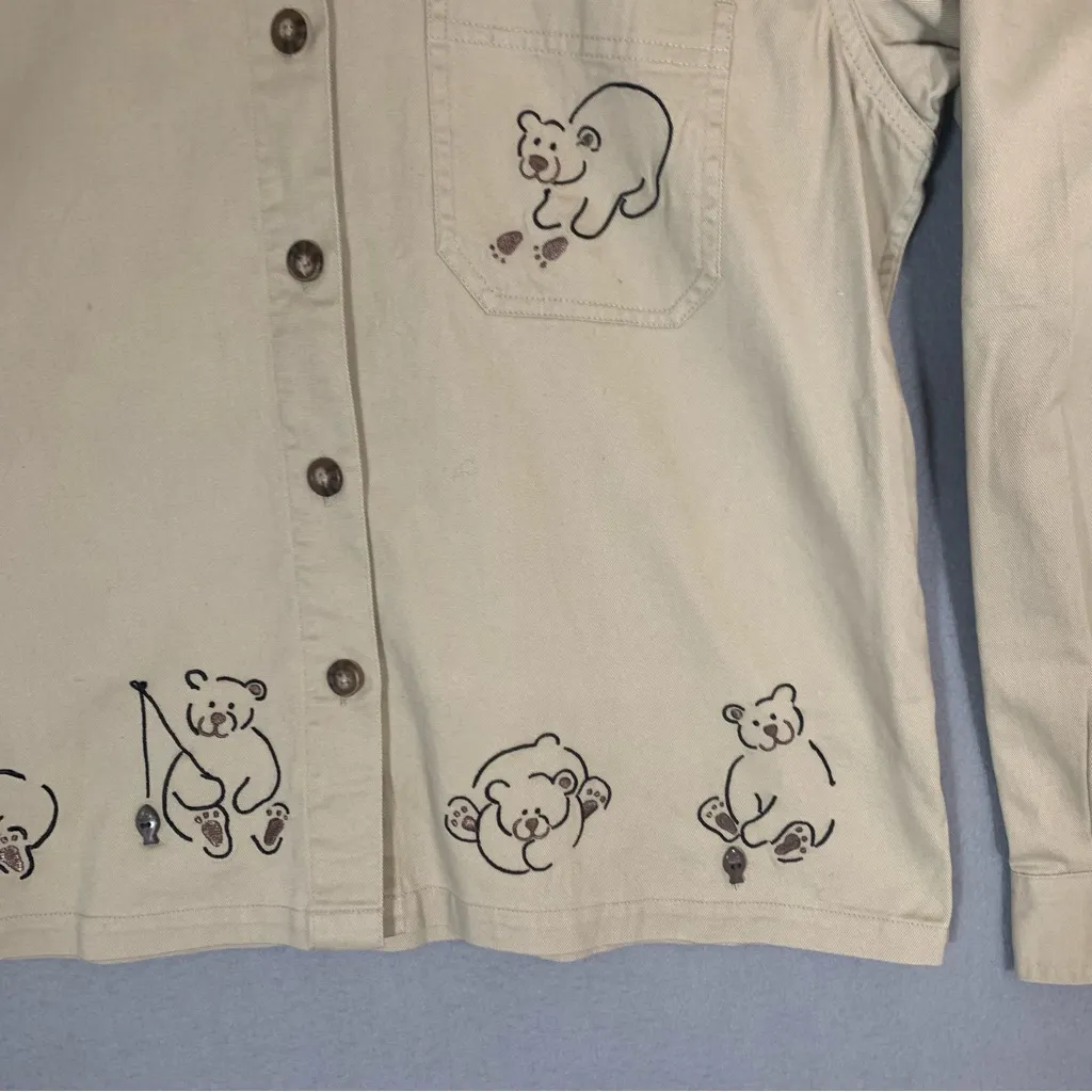 Christopher & Banks Khaki Button-Up Shirt Bear Embroidery Size Med - Image 3