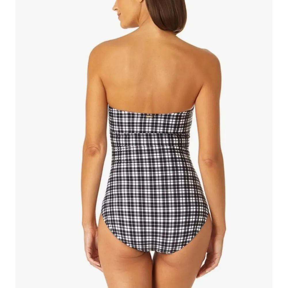 Anne Cole Bandeau Shirred Keyhole One Piece Swimsuit Black White Gingham 16 NEW - Image 2
