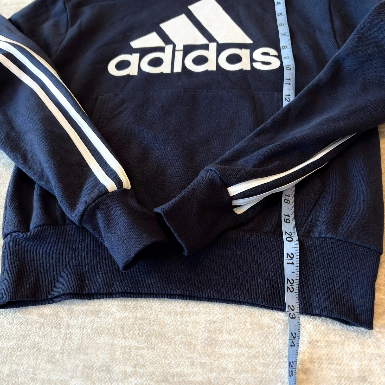 Adidas Essentials Striped Fleece Hoodie Sweatshirt XS Navy Women Kangaroo Pocket - Image 8