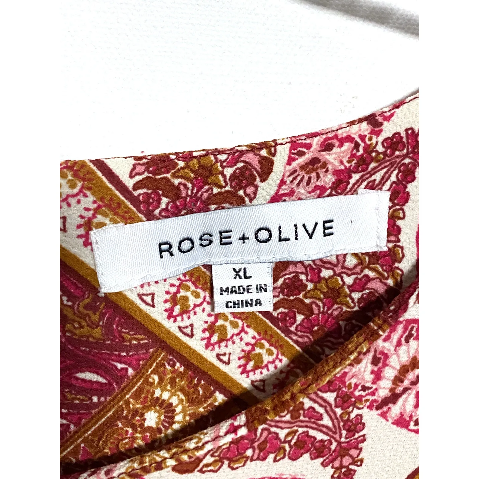 Rose + Olive Red Blouse XL Floral Paisley Boho Colorblock Patchwork Artsy Flowy - Image 5