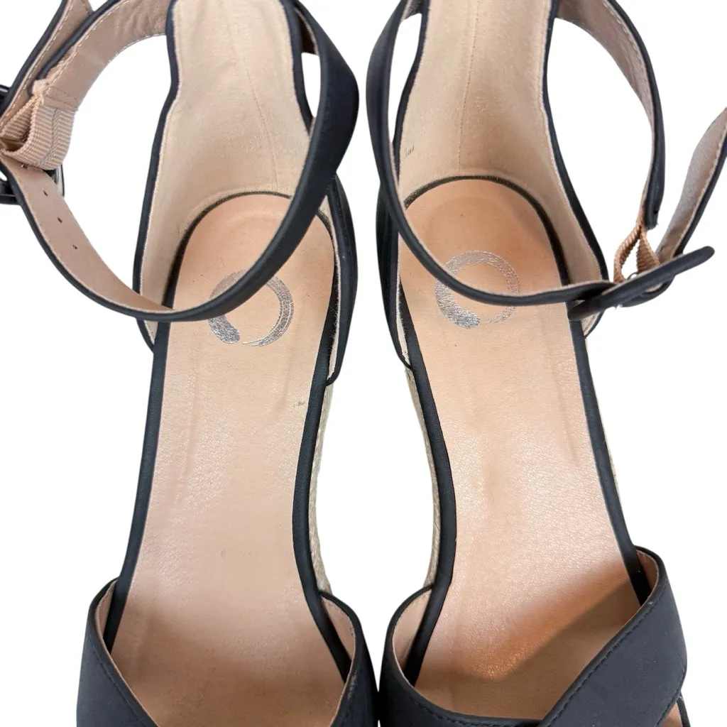 Journee Collection Telyn Espadrille Wedge Sandals Black Faux Leather Size 6.5 - Image 10