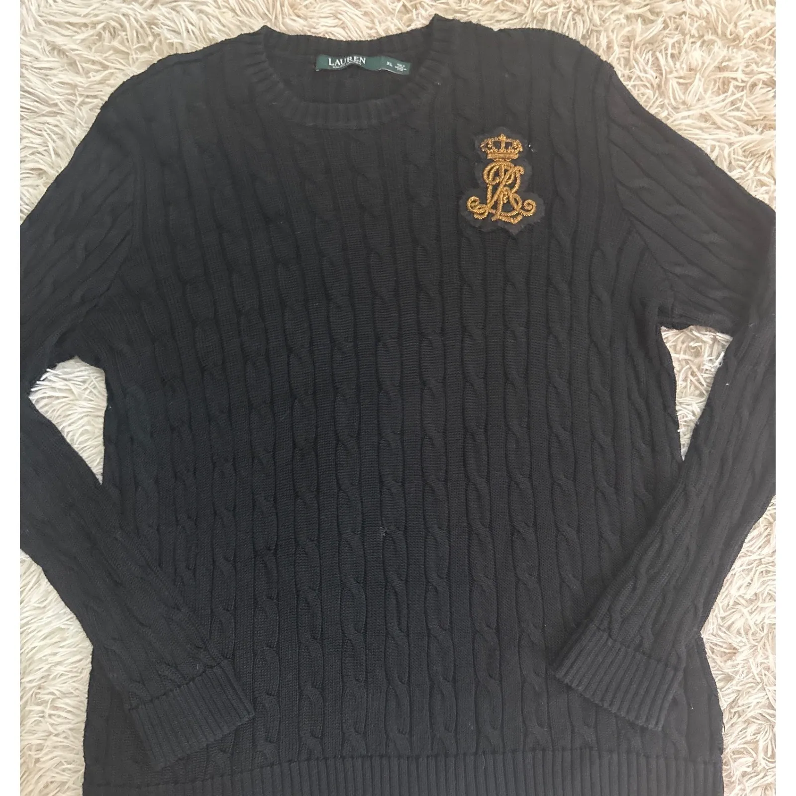 Vintage Ralph Lauren Black Cable Knit Crest Logo Sweater XL Excellent Condition - Image 2
