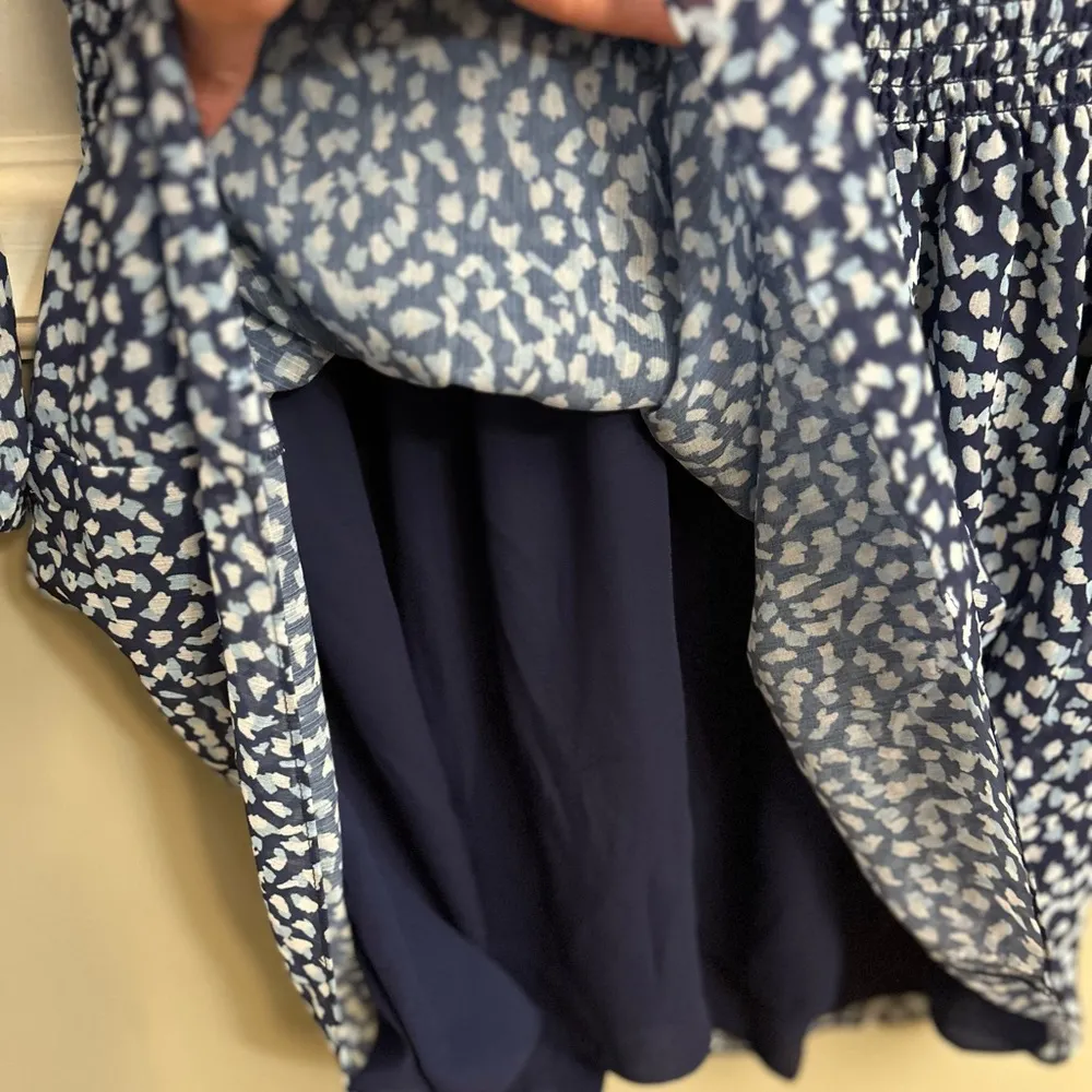 Ramy Brooke Long Sleeve V-Neck Smocked Drop Waist Blue Abstract Dress Small - Image 10