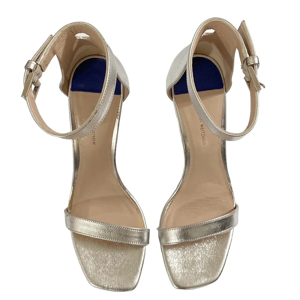Stuart Weitzman silver square high heel textured leather sandals size 9 - Image 3