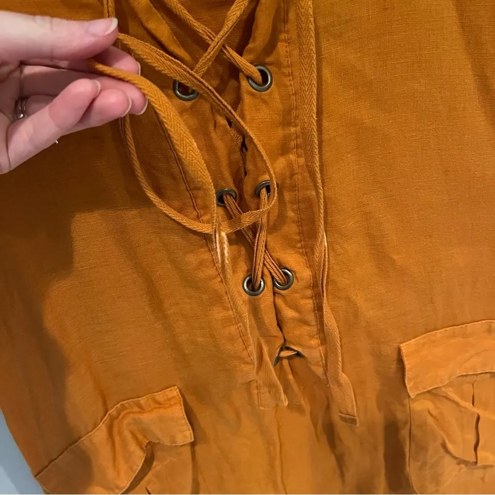 Anthropologie Maeve Linen Lace Up Gold Dress | 0 - Image 8