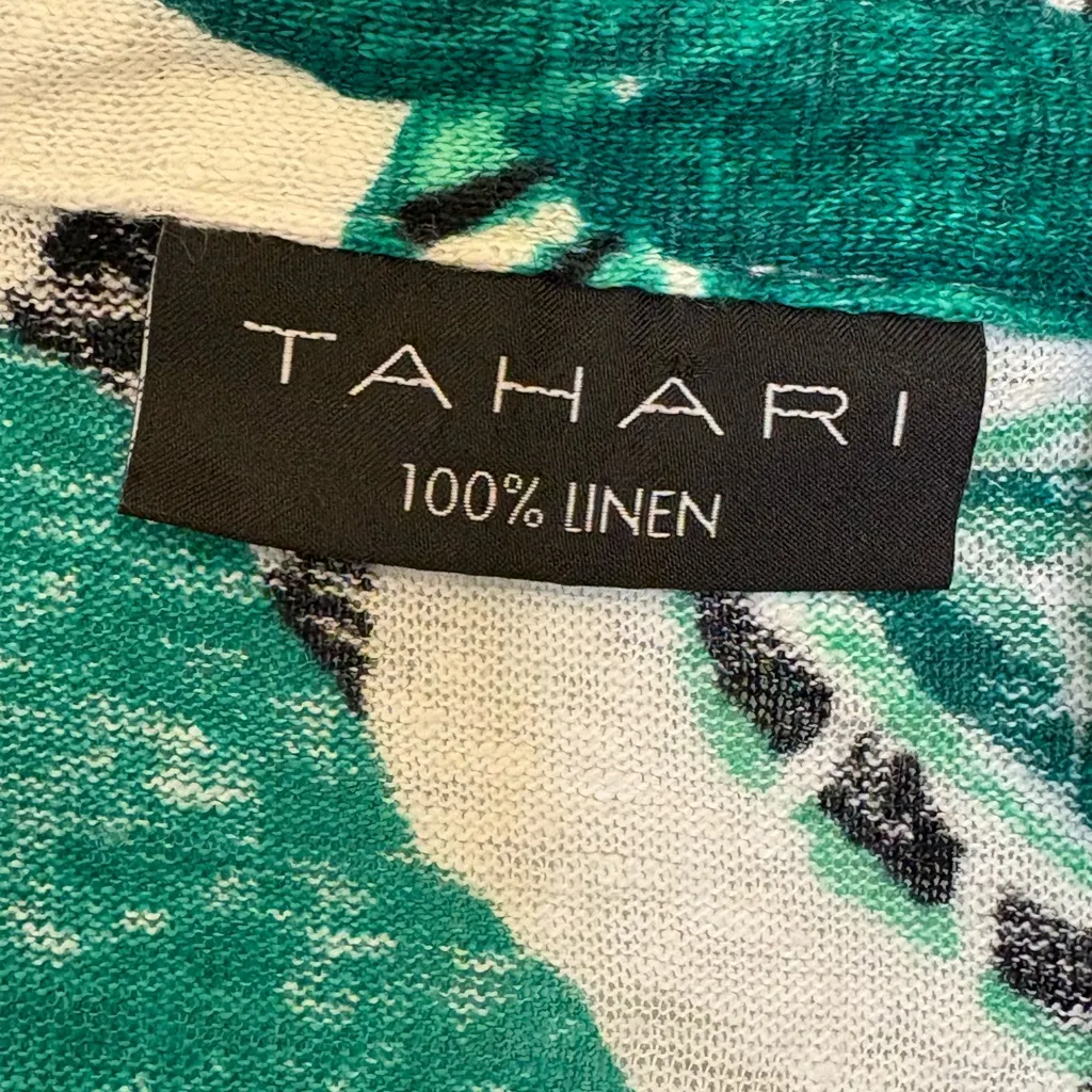 Tahari Linen Tropical Leaf Print Top M Green White Resort Coastal Chic - Image 3