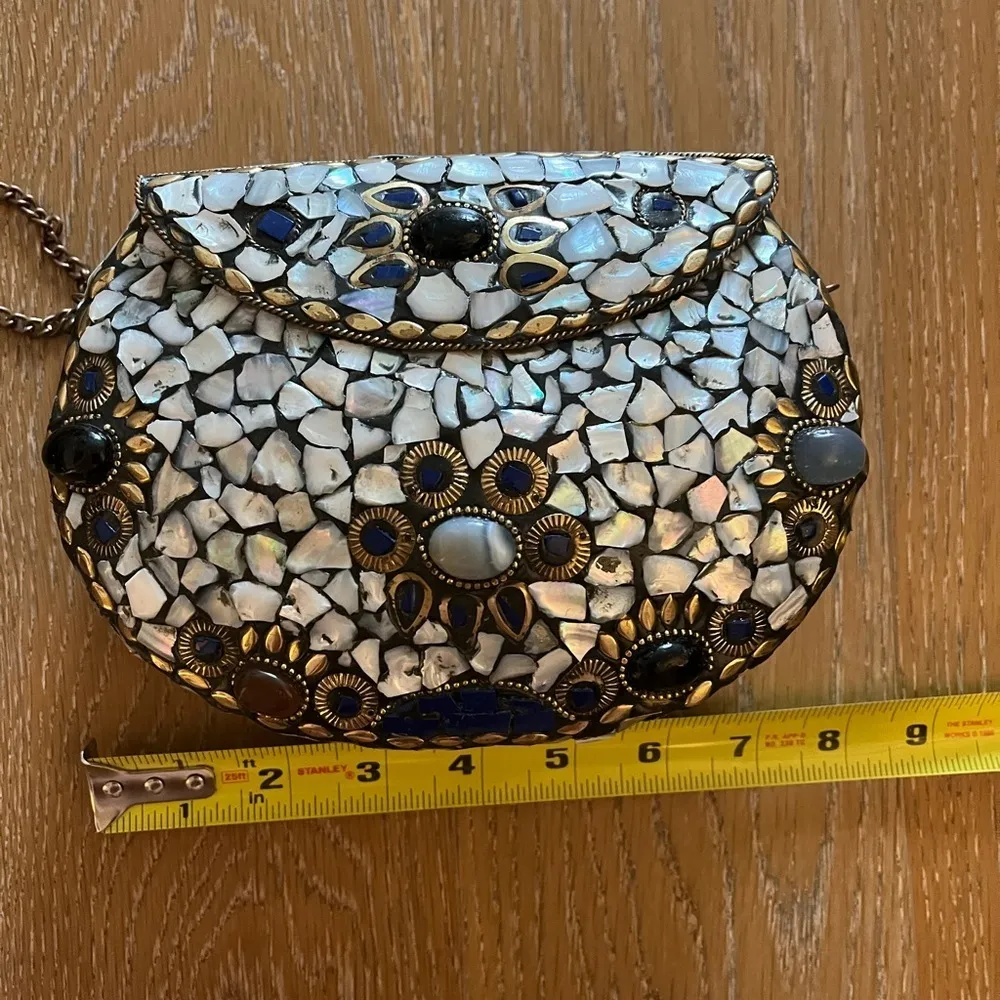 Hand made mother of pearl purse crossbody chain made in India one of a kind Blue - Image 7