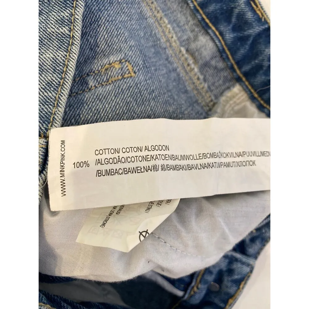 MINKPINK Blue Denim Jeans Shorts Uneven Raw Hem High Rise EUC Sz M Cotton - Image 6