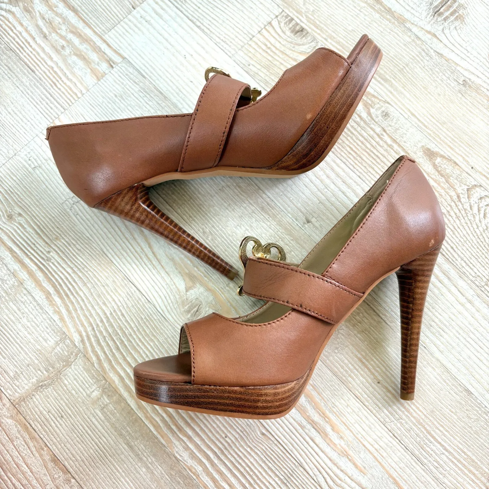 Love Moschino Leather Peep Toe Stacked‎ Heel Mary Jane Pumps | Brown 39 - Image 9