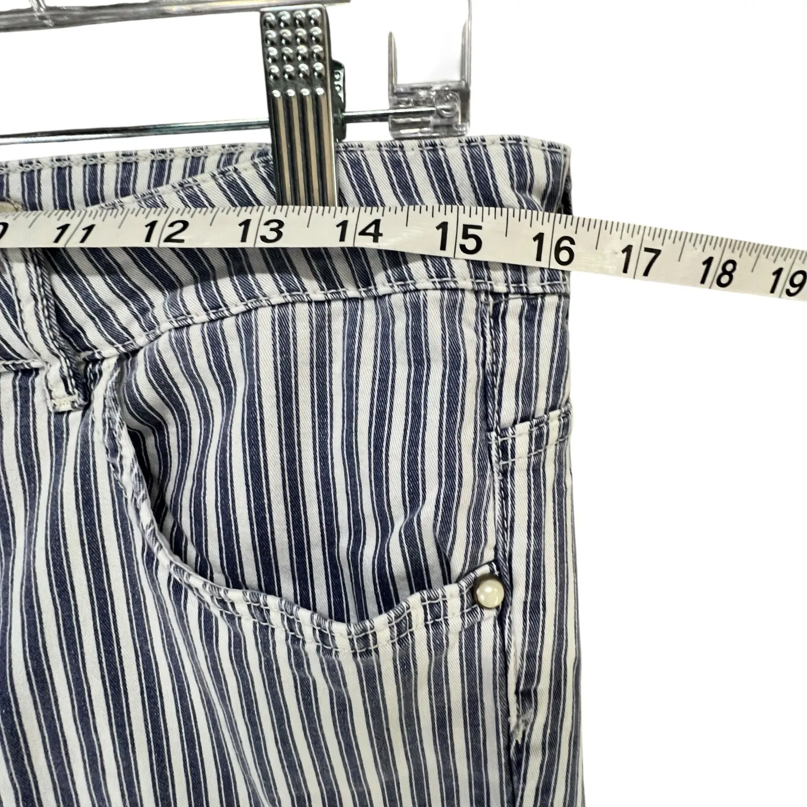 Zara Basic Z1975 Denim Jeans Women 12 Blue White Railroad Stripe Raw Hem Stretch - Image 6