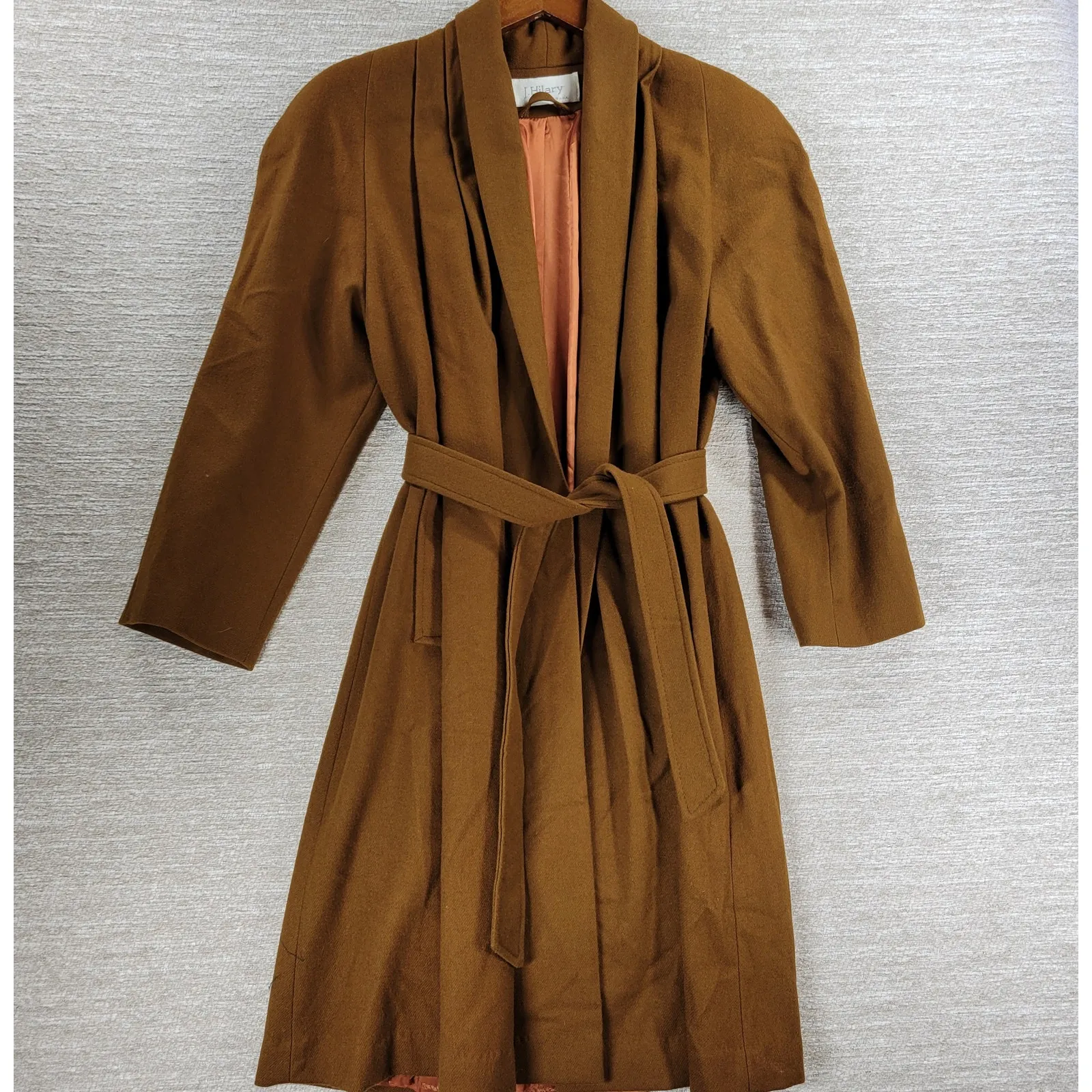 Vintage J. Hilary Wool Coat Womens 4 Belted Camel Brown Long Trench Made in USA - Image 16