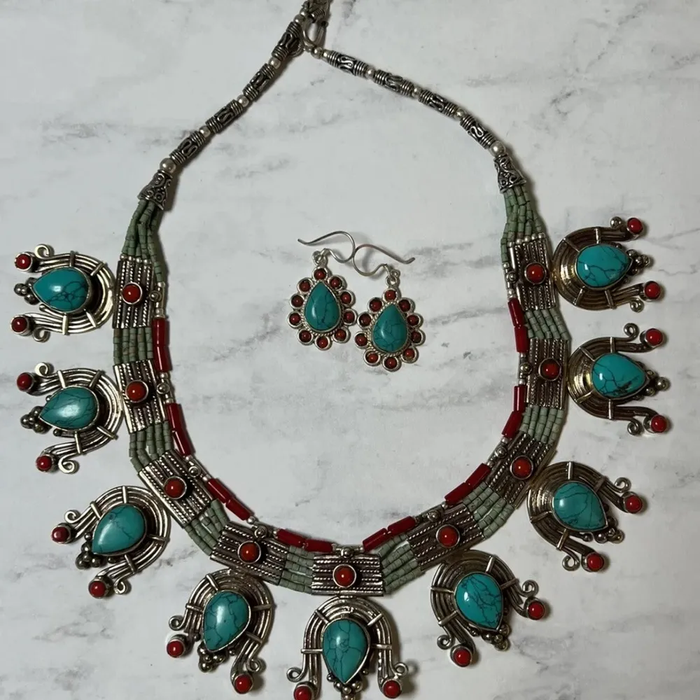 Vintage Turquoise & Coral Sterling Silver Necklace & Earrings Beaded Native - Image 2