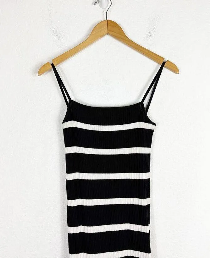 Zara Navy Striped Square-Neck Maxi Dress Medium Ribbed Knit Stretch Minimalist - Image 4