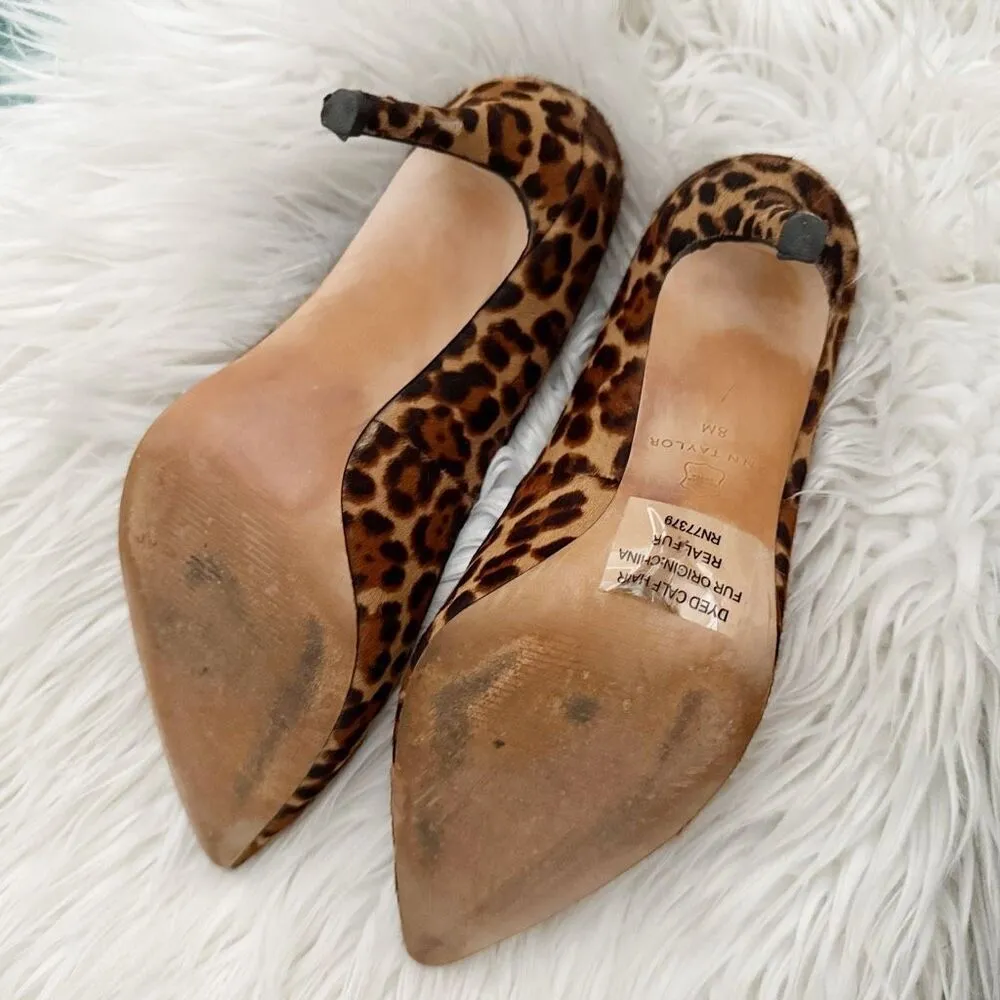 ANN TAYLOR | Mila Leopard Print Calf Hair Pumps Stiletto Heels Brown Black | 8 - Image 9