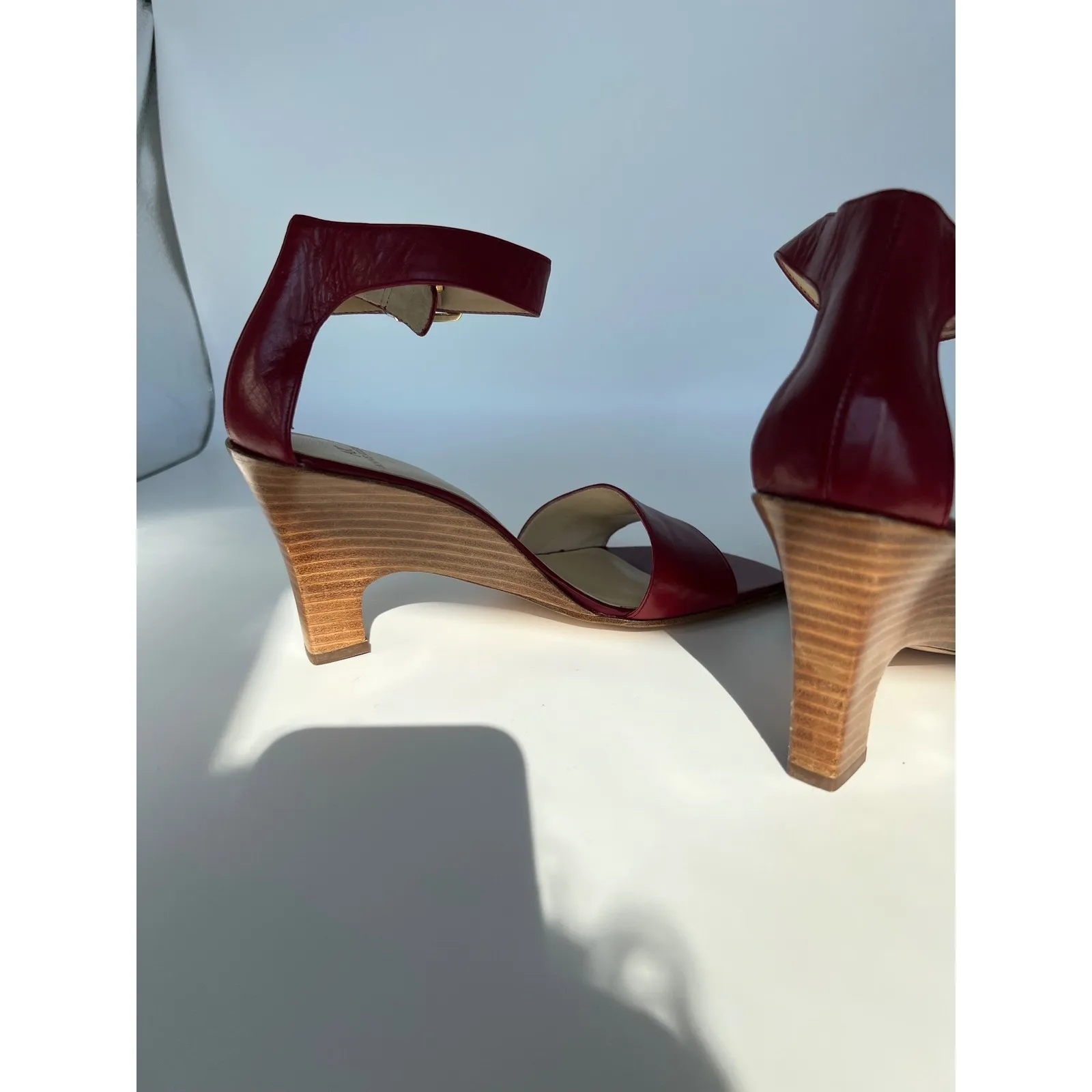 AK Anne Klein Red Leather Ankle Strap Wedge‎ Heel Sandals Women's Size 6M - Image 6