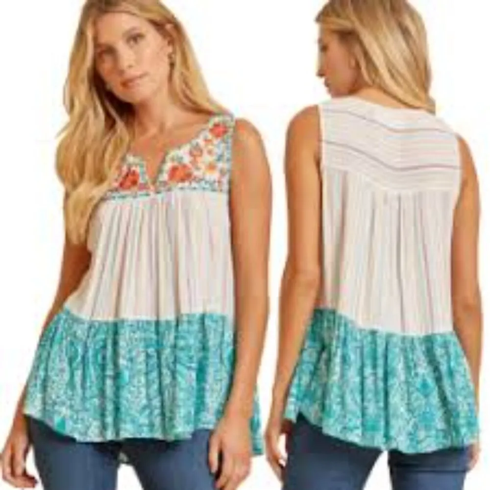 Savanna Jane Floral Embroidered Striped Sleeveless Top Boho Lightweight Size M Green Size M - Image 2