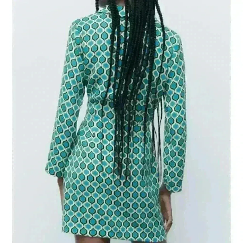 Zara Geometric Print Blazer Dress Size Small Shades of Blue and Green - Image 12