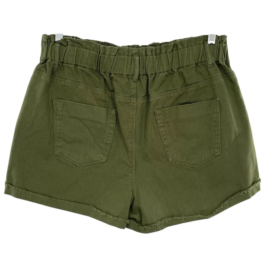 A Loves A Olive Green High Waisted Paperbag Elastic Waist Denim Shorts - Image 4