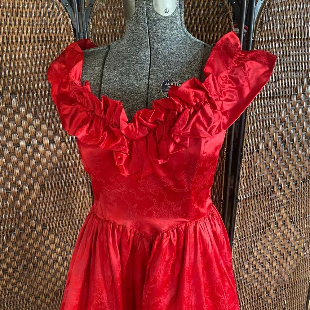 Size S-M//Vintage Gunne Sax Cherry Red Satin Southern Belle Formal Dress - Image 5