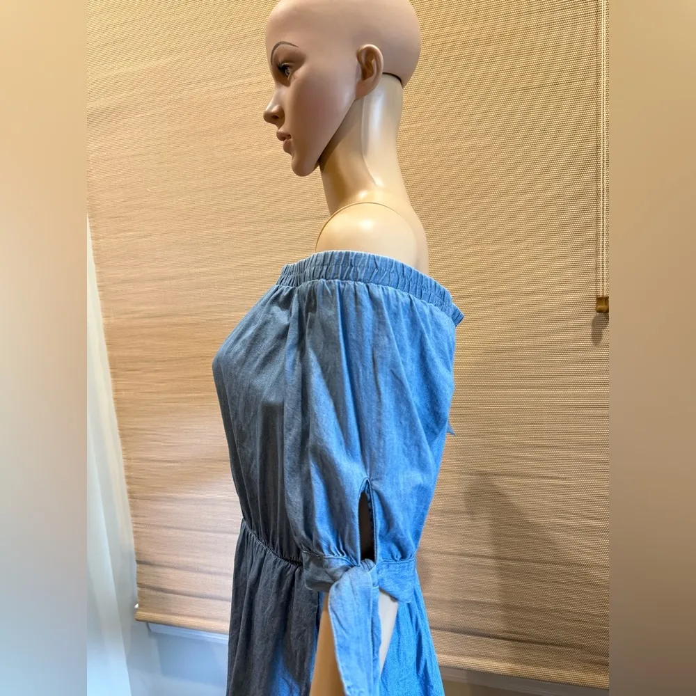 New York & Company Blue Lightweight Denim Off Shoulder Short Sleeve Dress Size L - Image 3