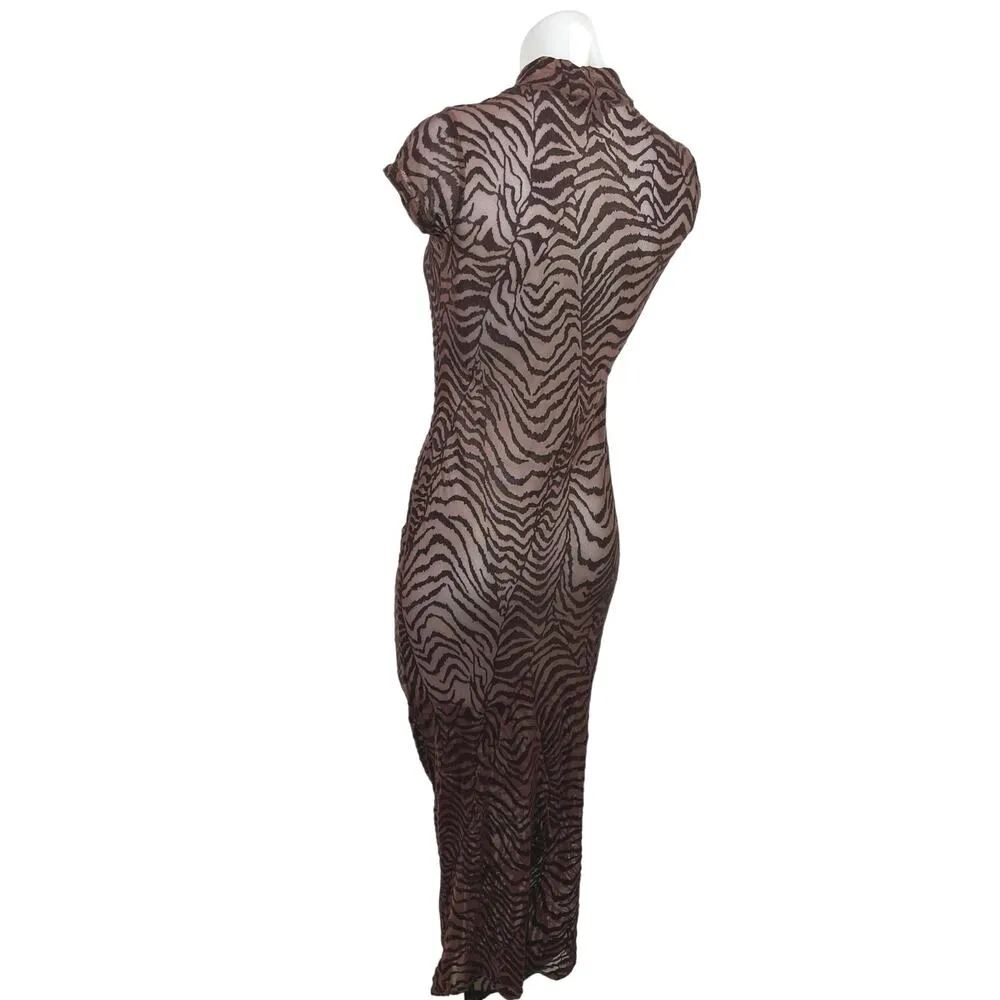 PrettyLittleThing Brown Mesh Animal Zebra Print High Neck Maxi Bodycon Dress 4 - Image 4