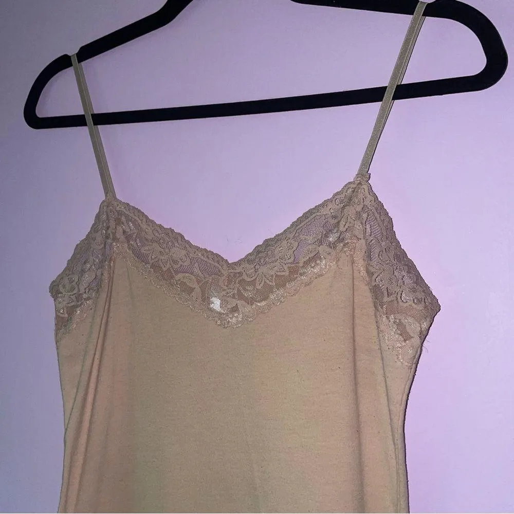 Nude Lace Trim Cami Size M Tank Top Y2K 90s Longline Tan Size M - Image 2